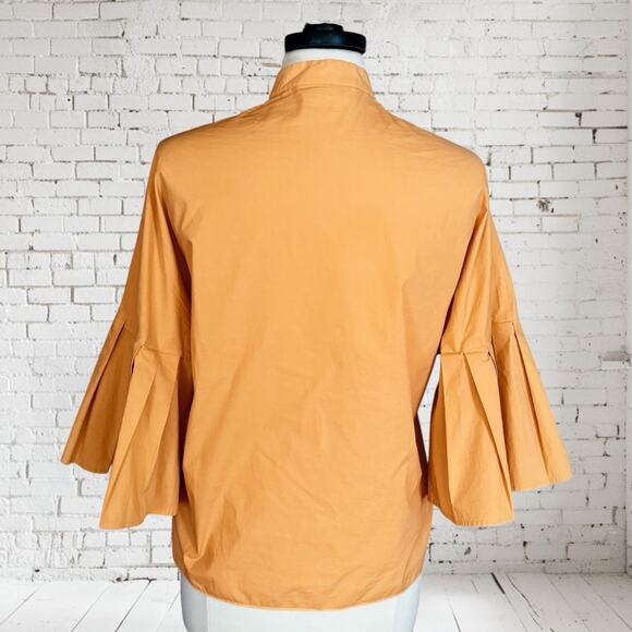 Genny Made In Italy Blouse Top Sz 4 Pleated Flared Sleeves Metallic Trim Poplin - Picture 3 of 8